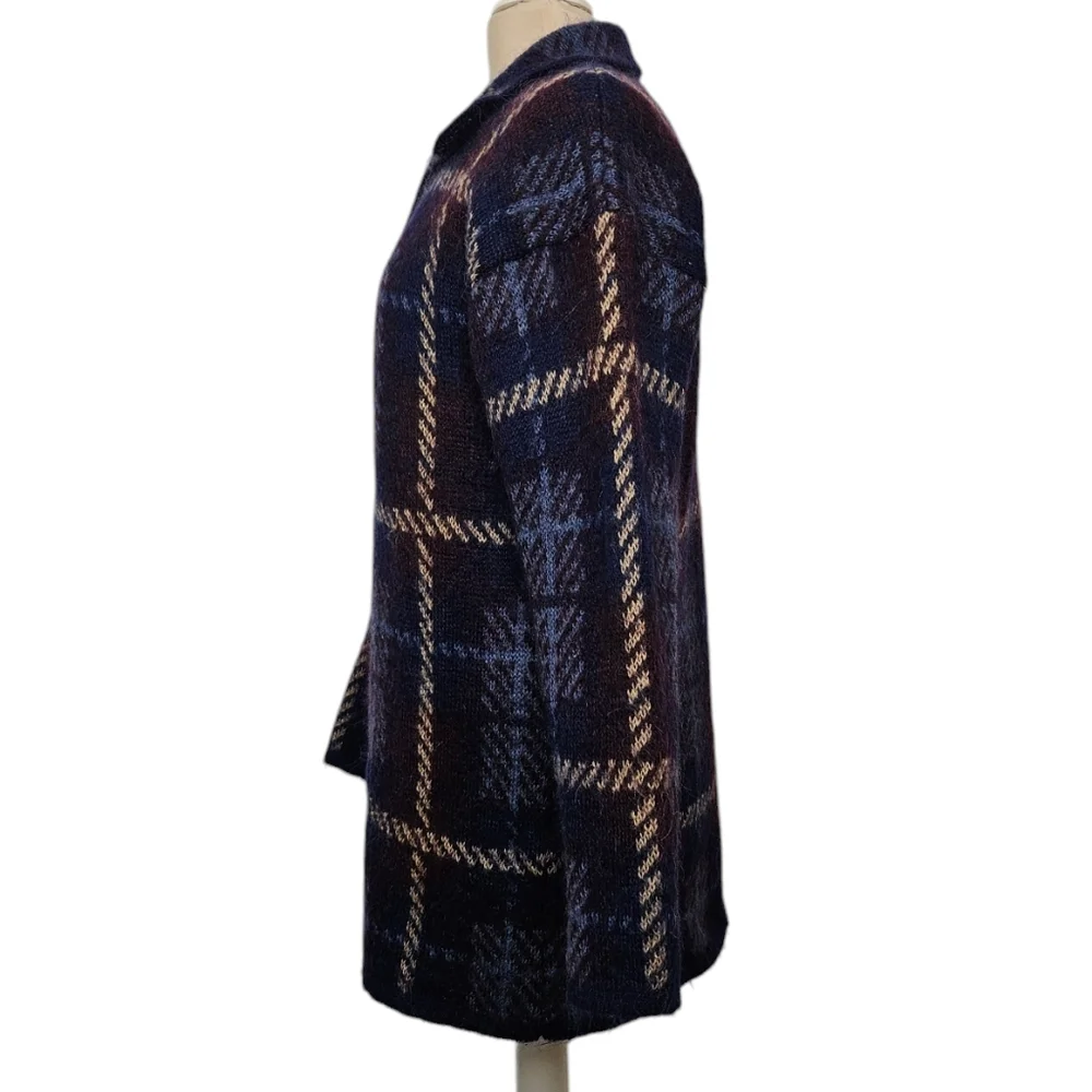Vintage Mohair Blend Plaid Oversized Cardigan Sweater Navy Burgundy Tan M - Picture 3 of 11